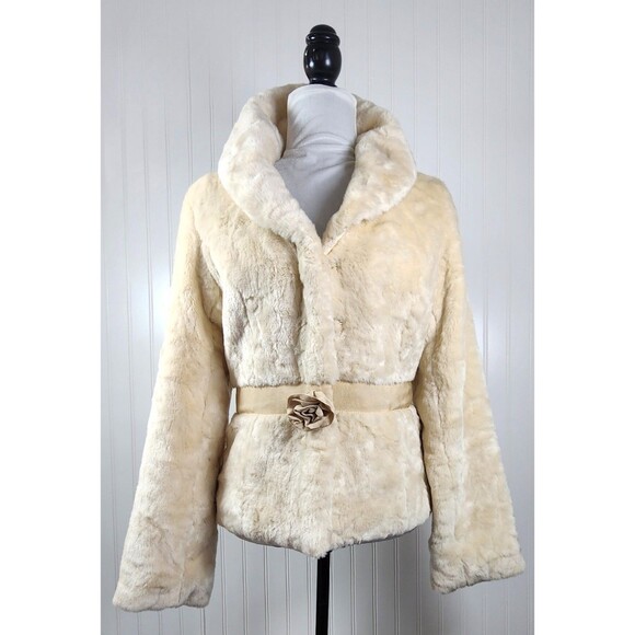 Beth Bowley Cream Faux Fur Jacket With Rose Accent Womens Size M Lined - Picture 2 of 15